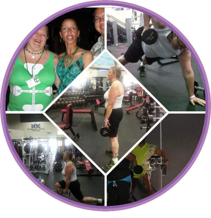 A collage of people in the gym with various equipment.